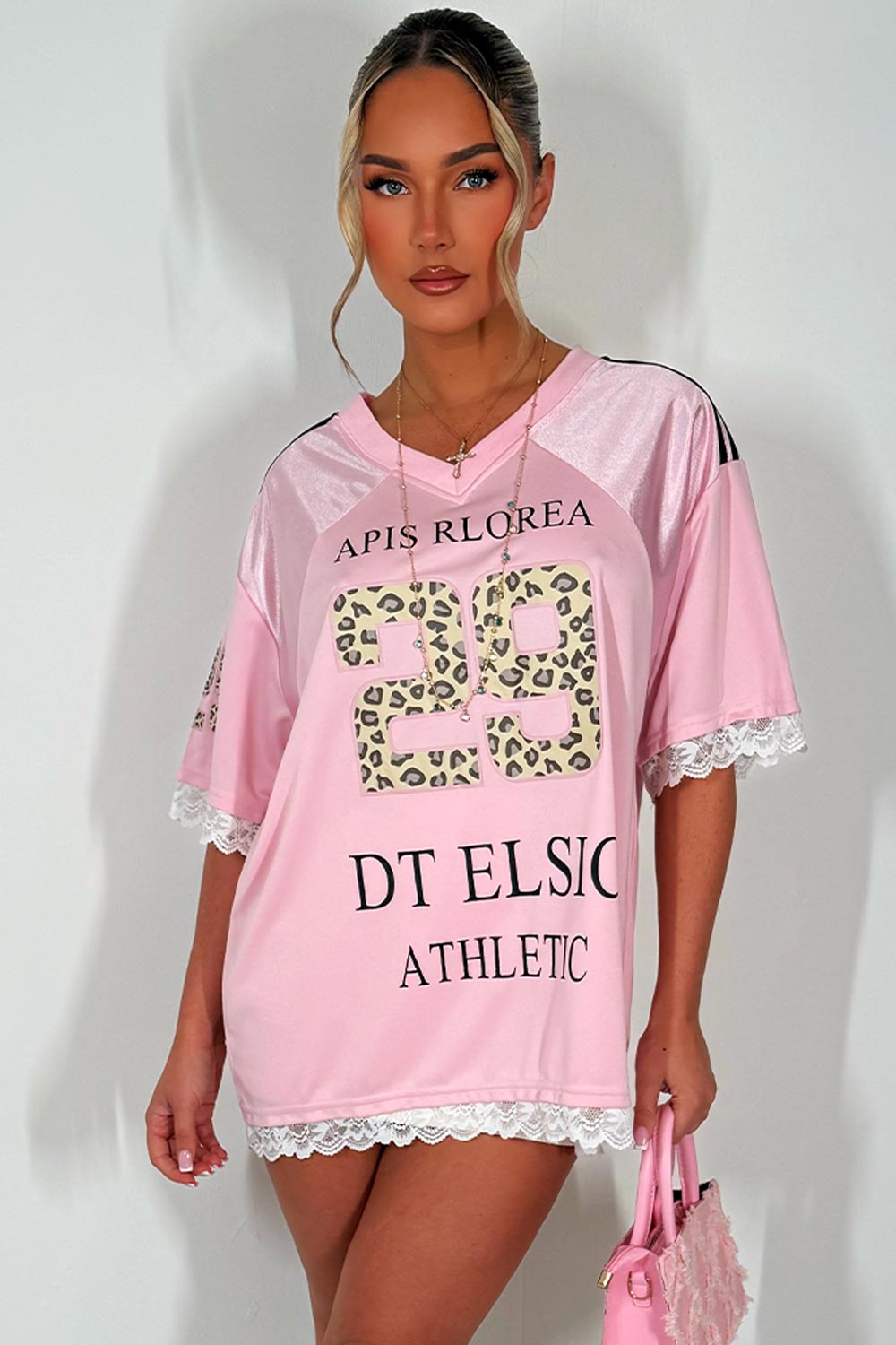 womens football jersey top with leopard print and lace trim festival outfit