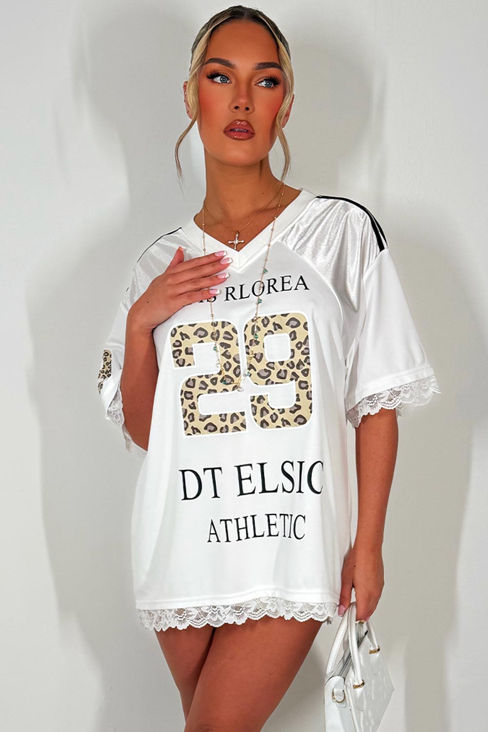 womens football jersey top with leopard print slogan and lace trim festival rave outfit