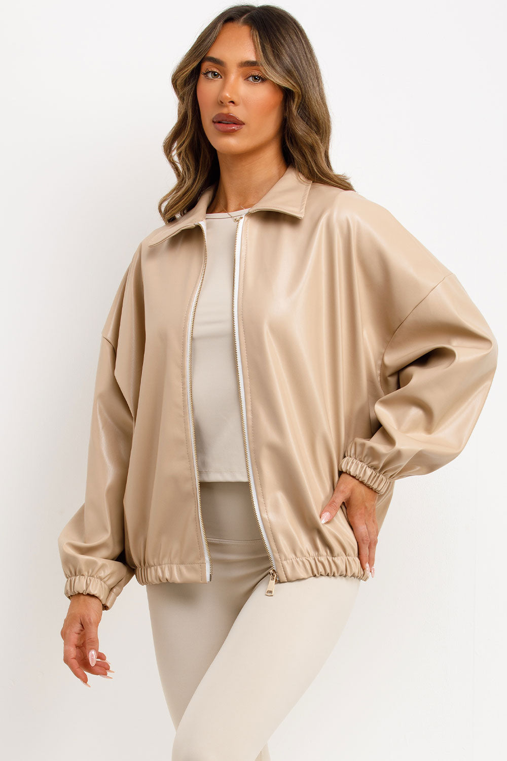 zara womens faux leather bomber jacket styledup