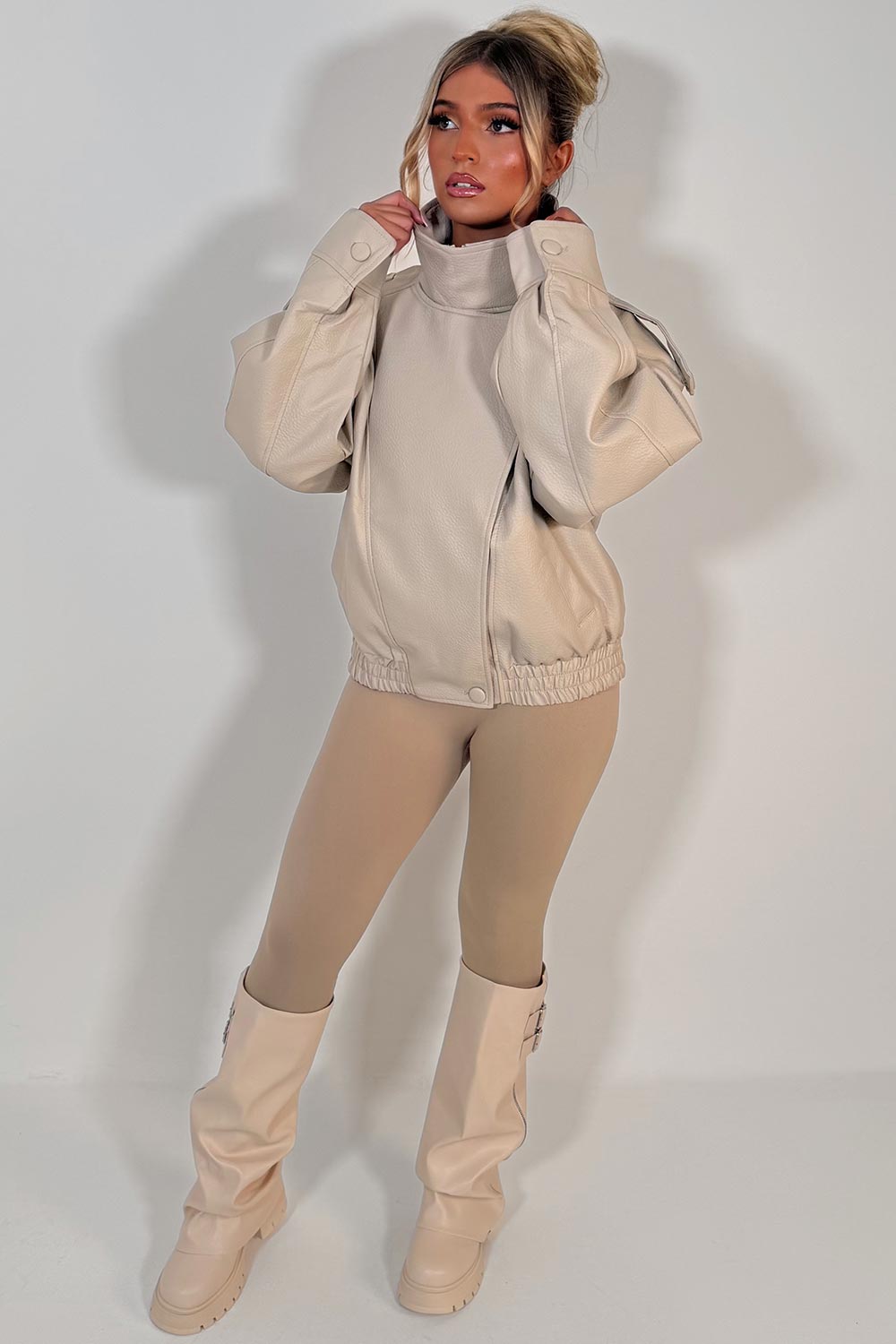 zara womens leather effect womens jacket with stand up collar beige uk