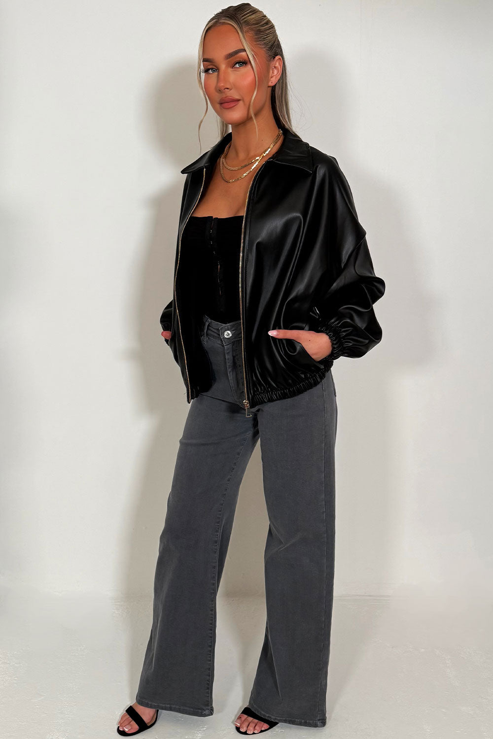 womens long sleeve bomber jacket with collar styledup