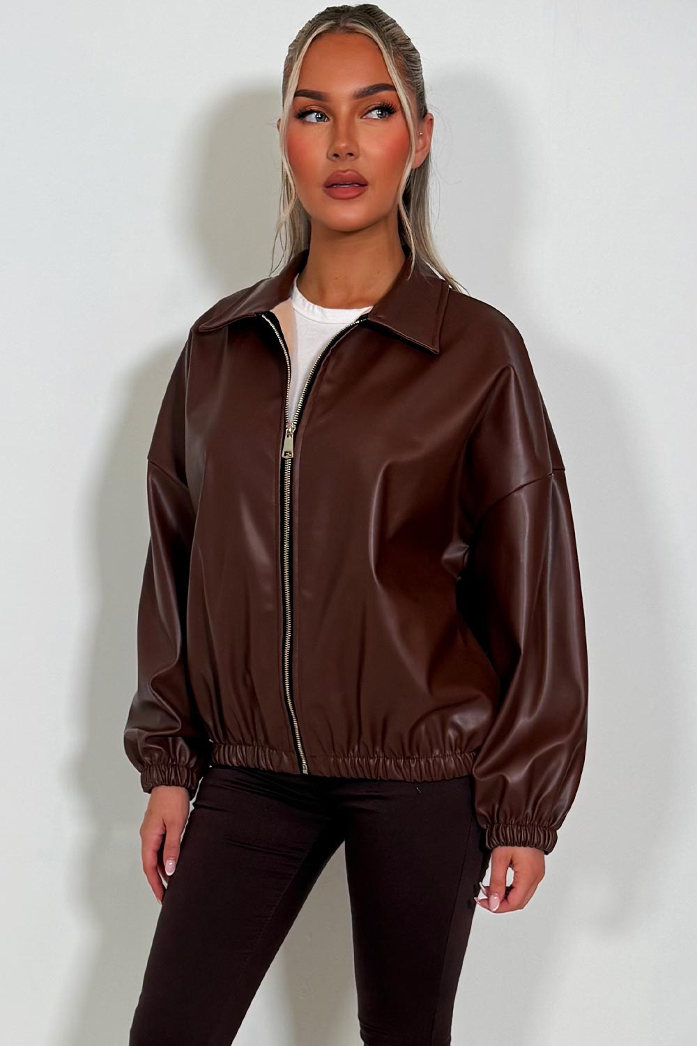 zara womens faux leather bomber jacket with long sleeves