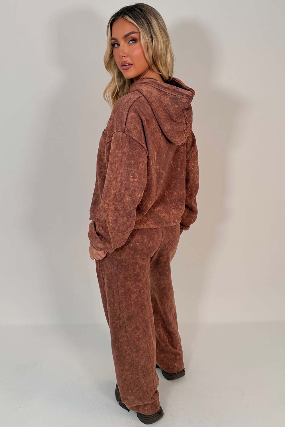 womens acid wash lounge set hoodie and jogger tracksuit with c emblem styledup