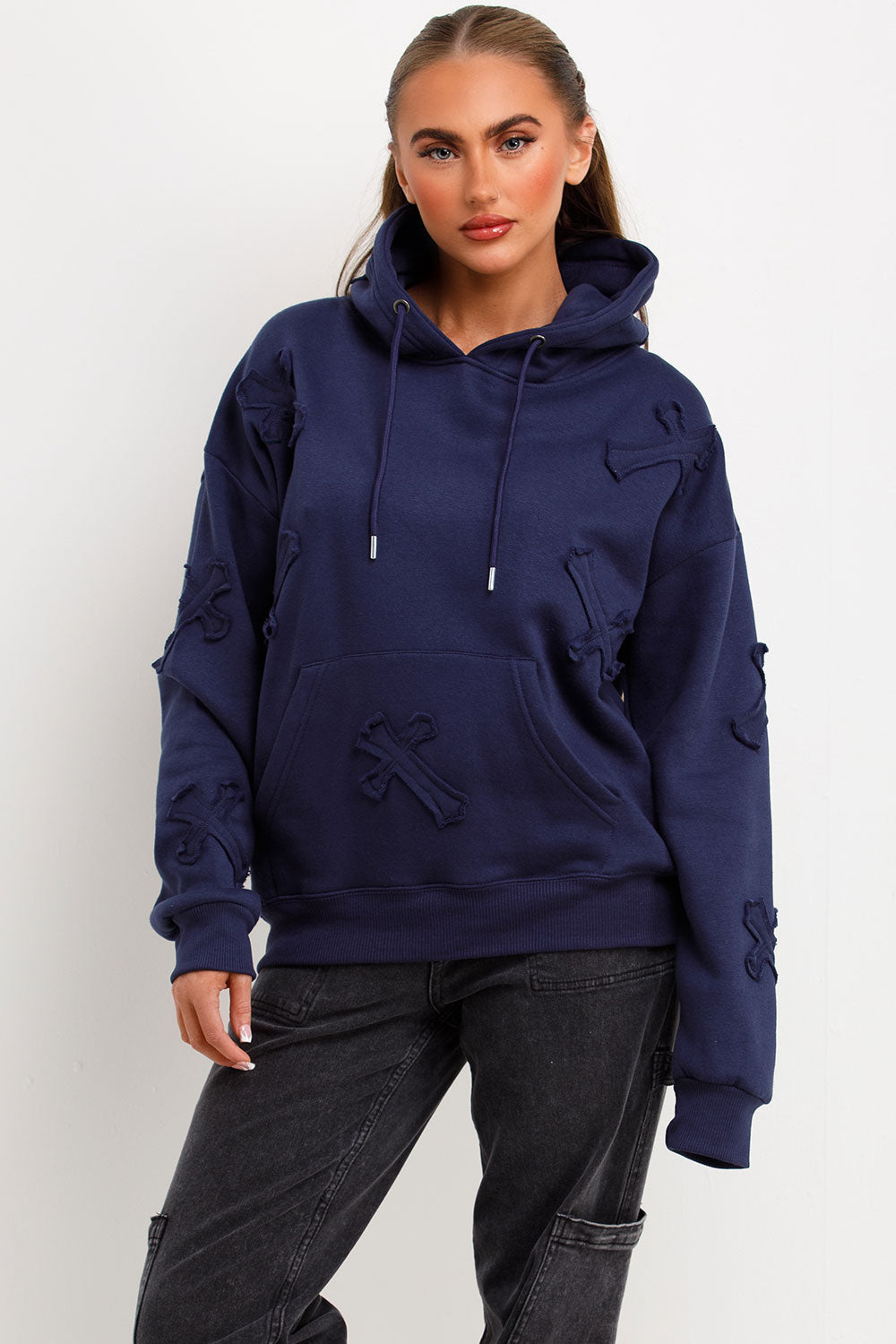 womens cross applique hoodie with kangaroo pockets
