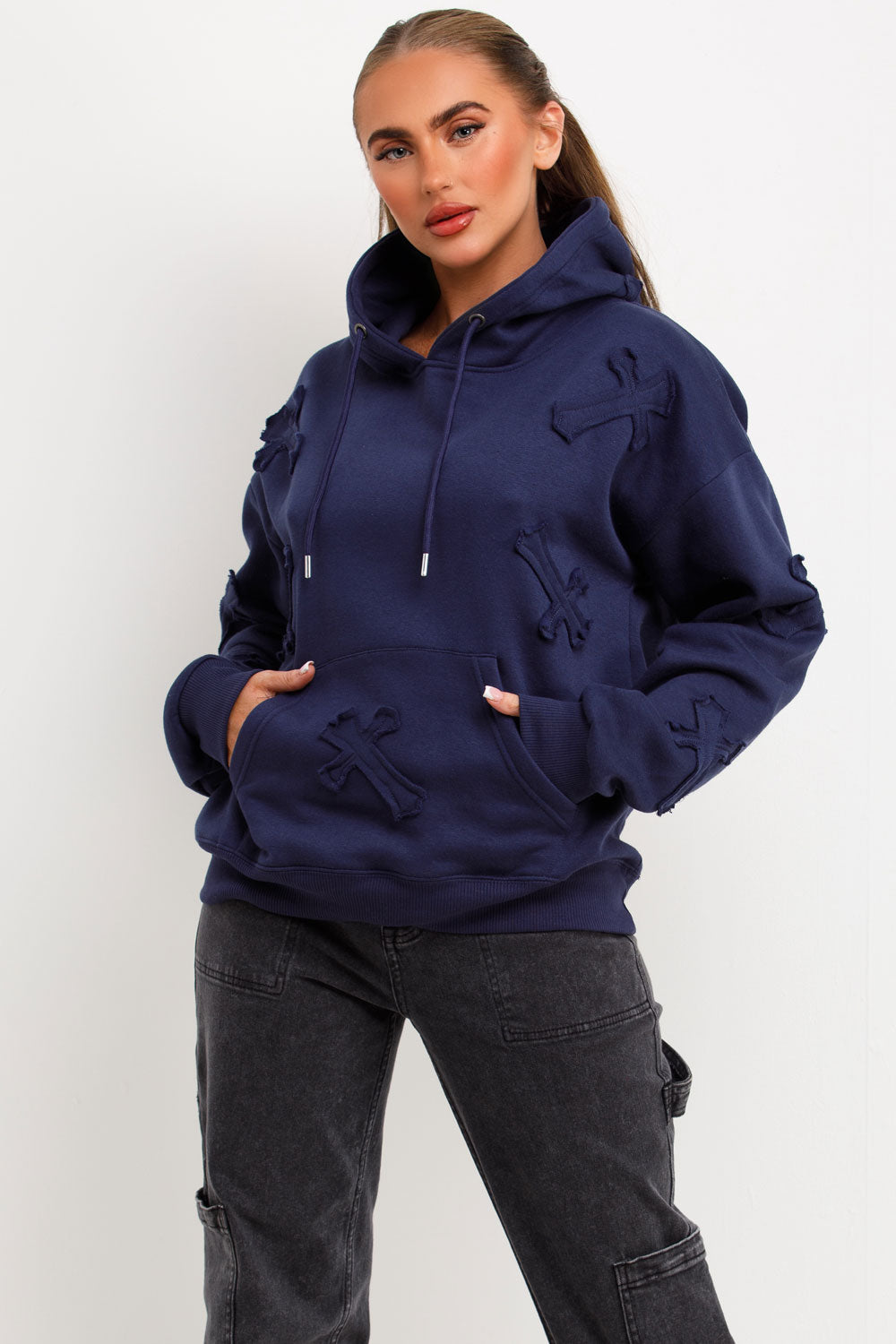 womens cross applique hoodie