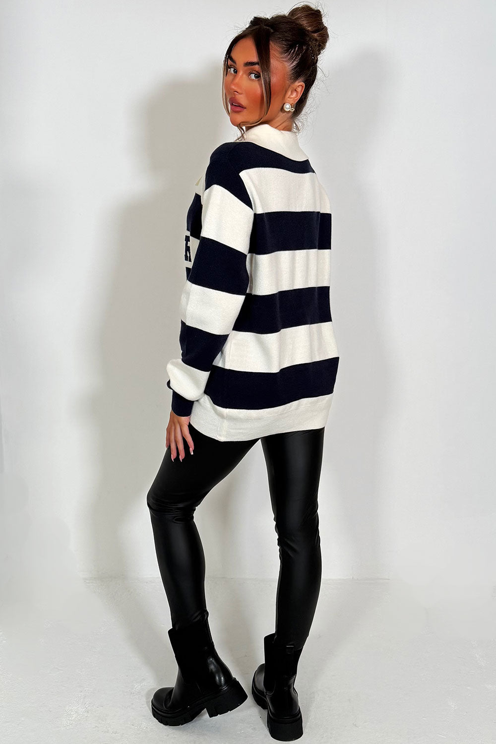 womens stripy new york slogan knitted jumper with long sleeves oversized fit casual daily winter outfit styledup