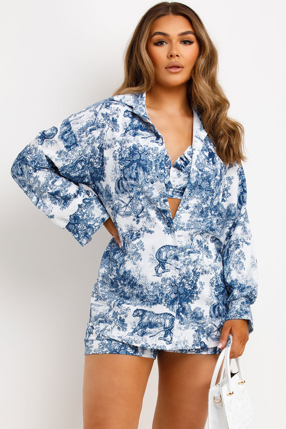 dior print shirt shorts and bikini three piece set blue