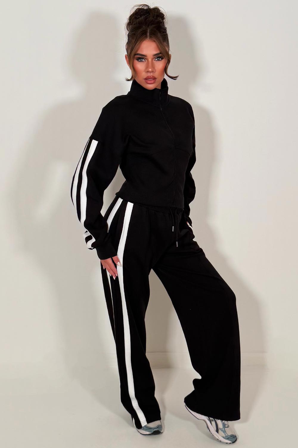 zip up sweatshirt and wide leg joggers womens tracksuit with side stripe perfect comfy cosy airport outfit for womens