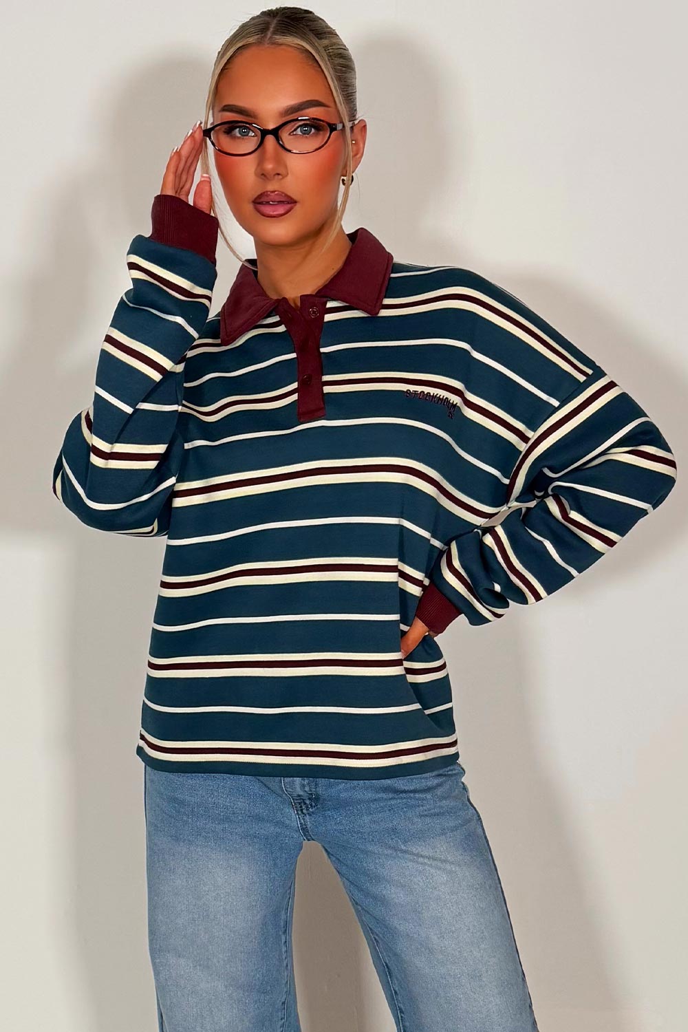 womens long sleeve jumper collared striped sweatshirt styledup