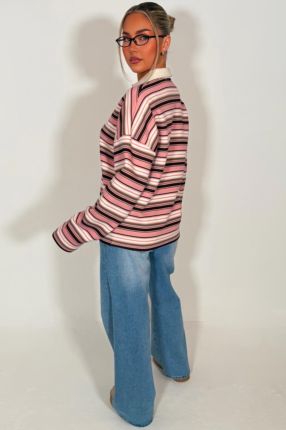 womens long sleeve jumper collared striped sweatshirt styledup