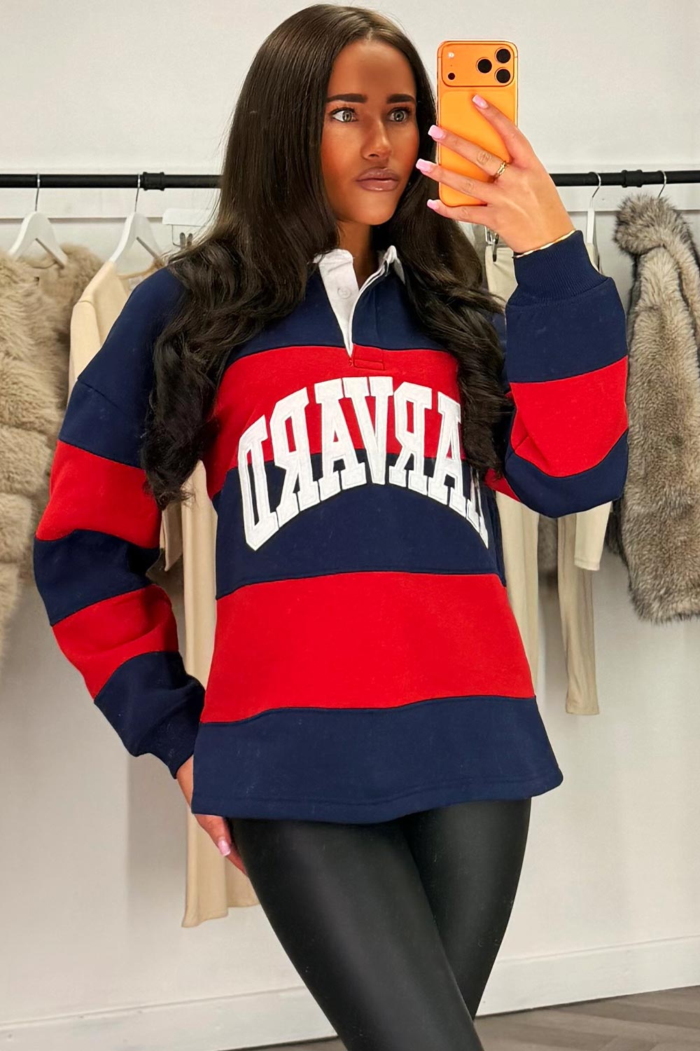 womens oversized sweatshirt with collar harvard slogan