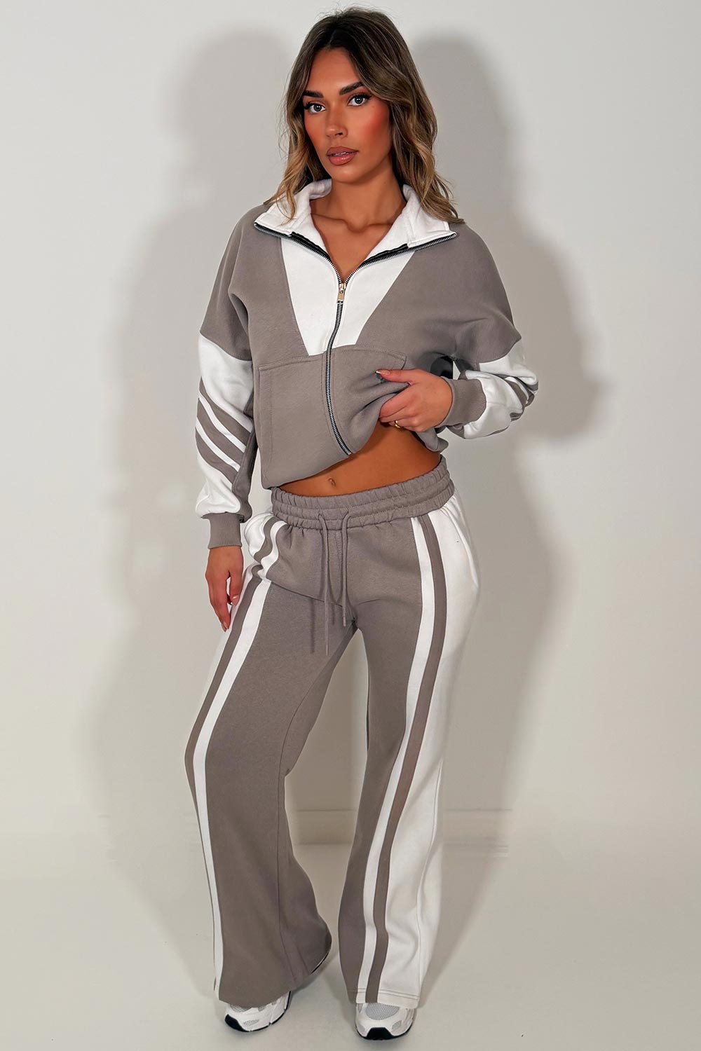 womens zara zip up sweatshirt and wide leg joggers loungewear set uk styledup