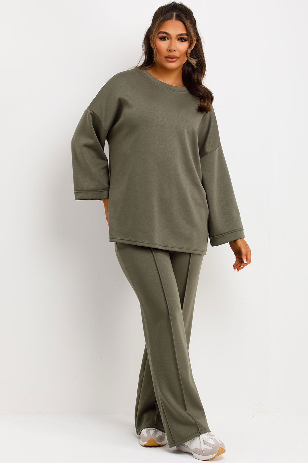 seam detail trousers and long sleeve top co ord loungewear set khaki