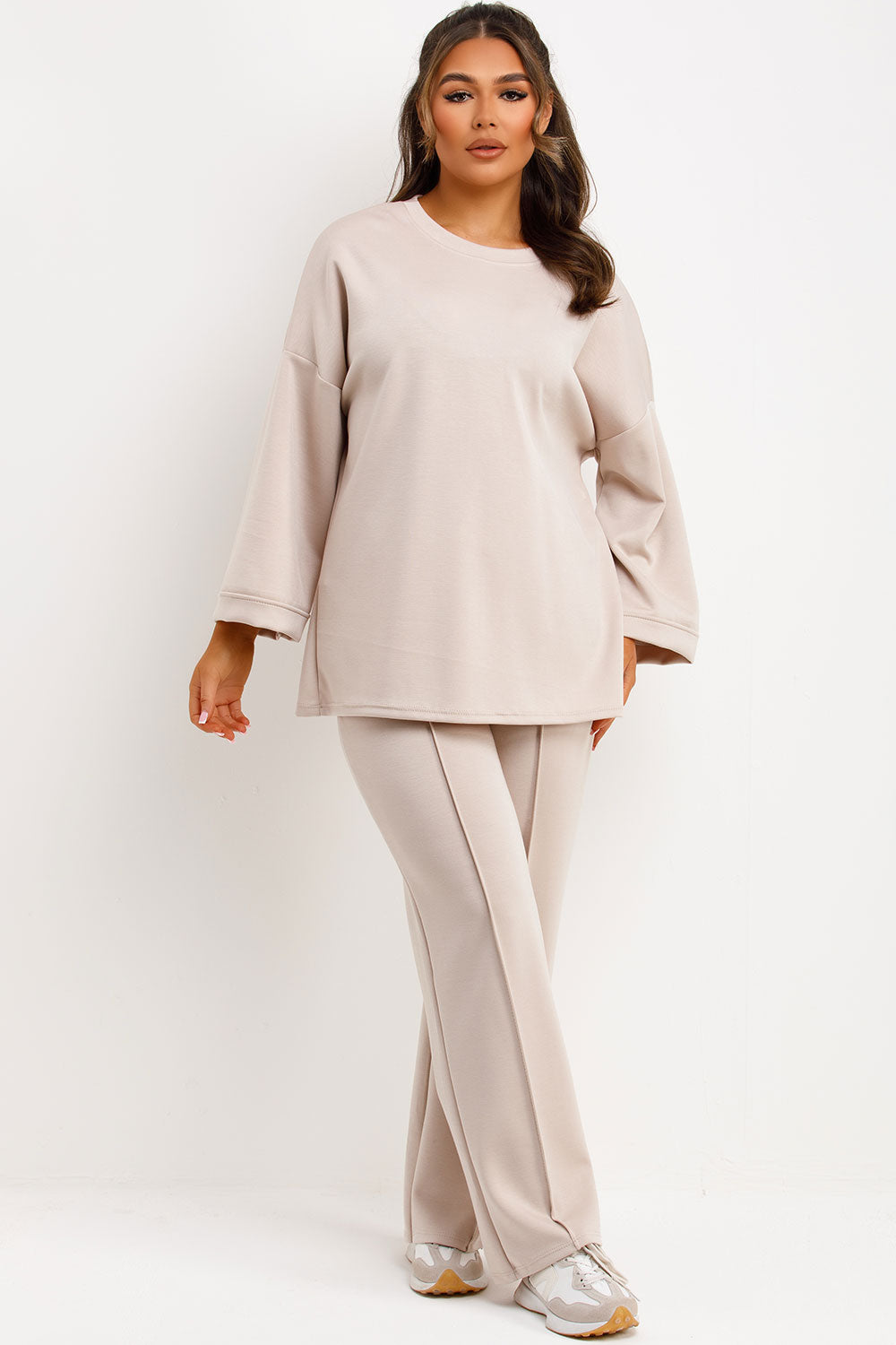 long sleeve oversized top and straight leg seam detail trousers co ord lounge set