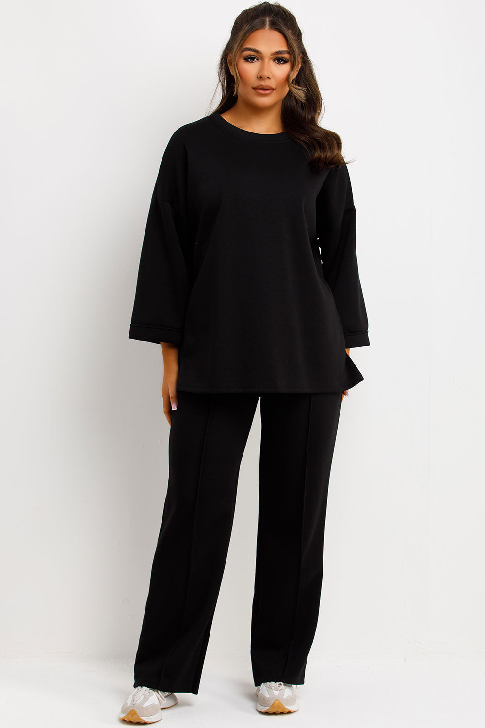long sleeve oversized top and straight leg seam detail trousers co ord lounge set