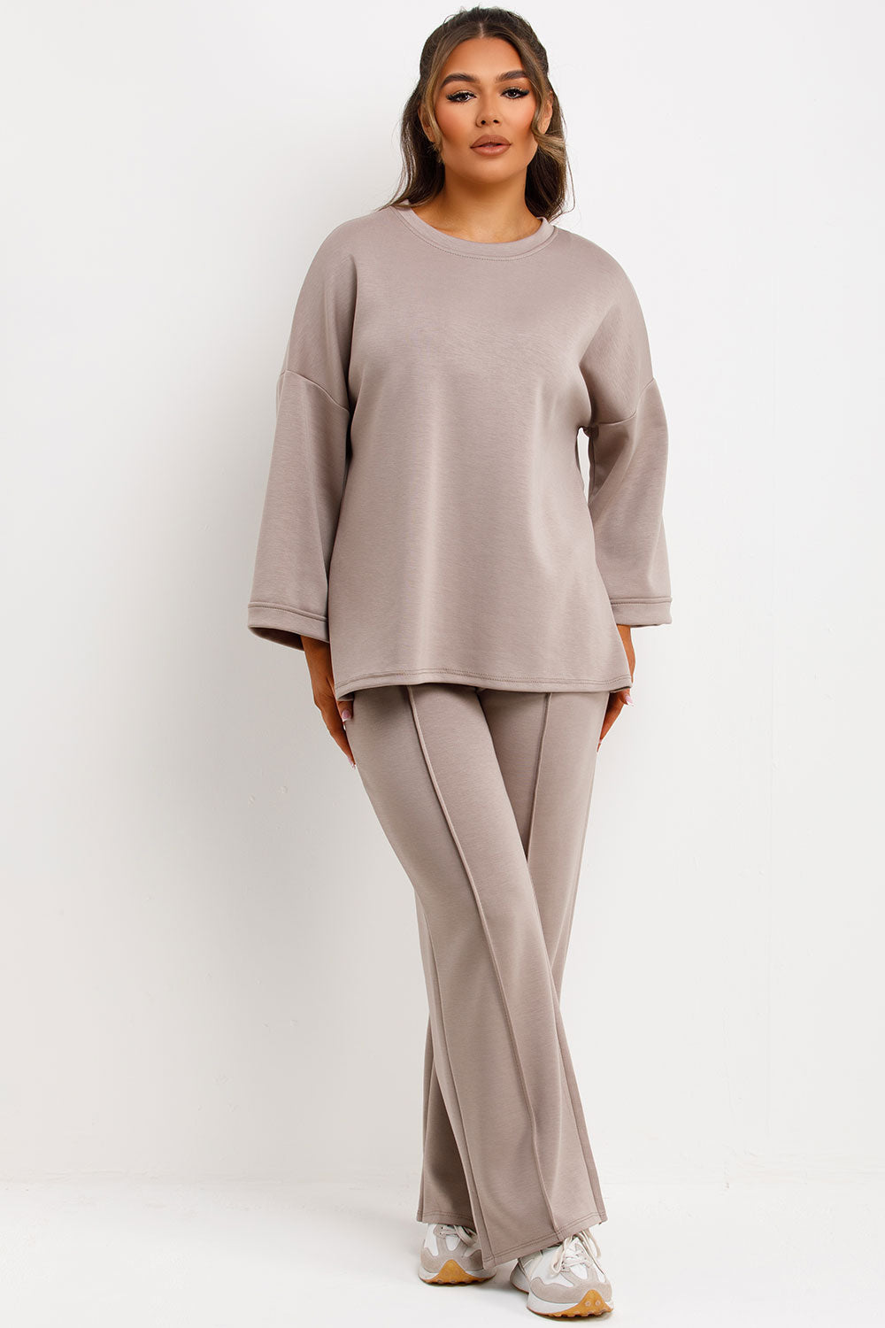 long sleeve oversized top and straight leg seam detail trousers co ord lounge set