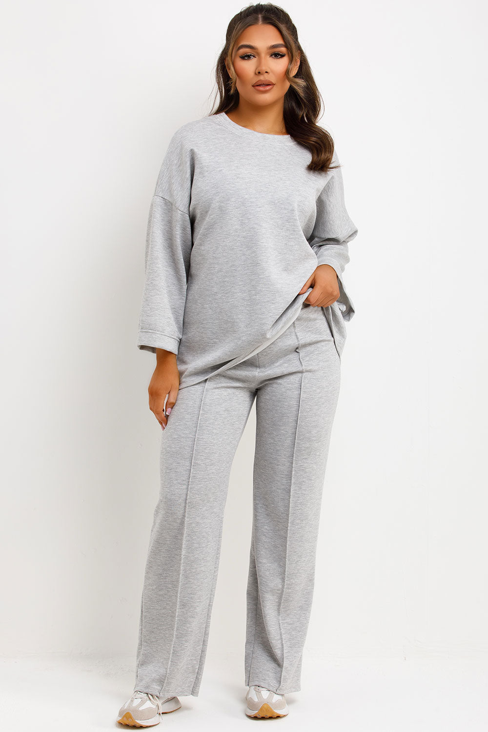 long sleeve oversized top and straight leg seam detail trousers co ord lounge set