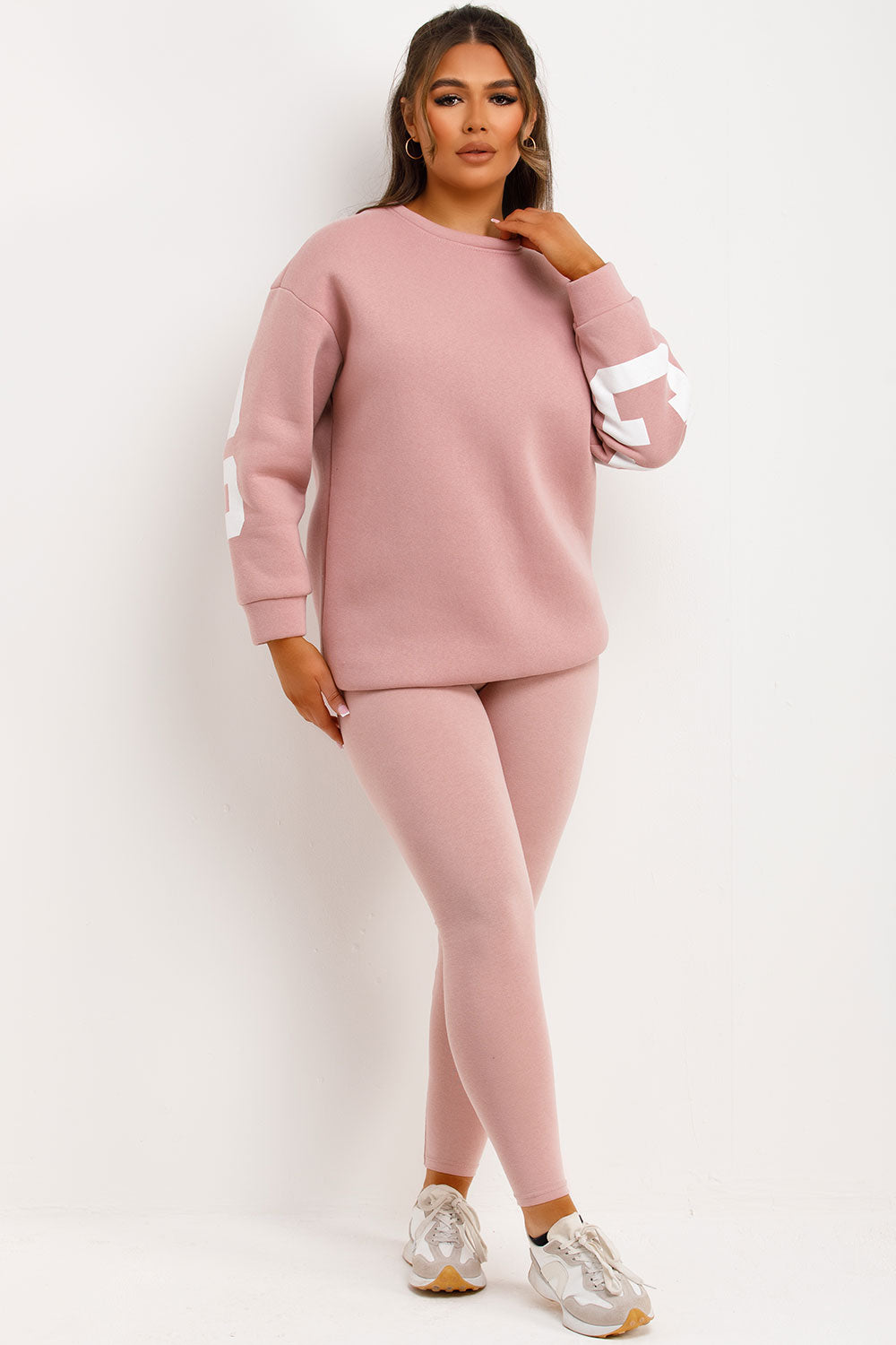 womens oversized jumper with chicago slogan and leggings two piece set pink