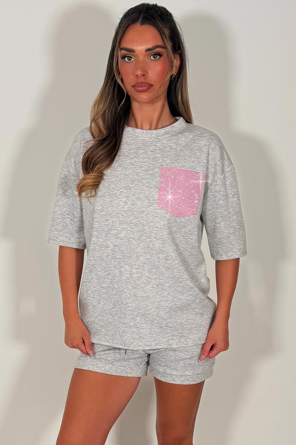 grey diamante rhinestone contrast pocket top and shorts two piece set styledup uk