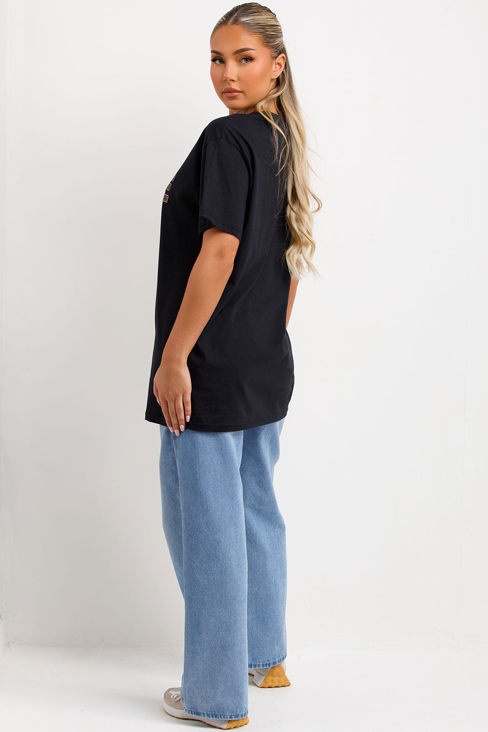 womens black oversized t shirt with babe paris slogan