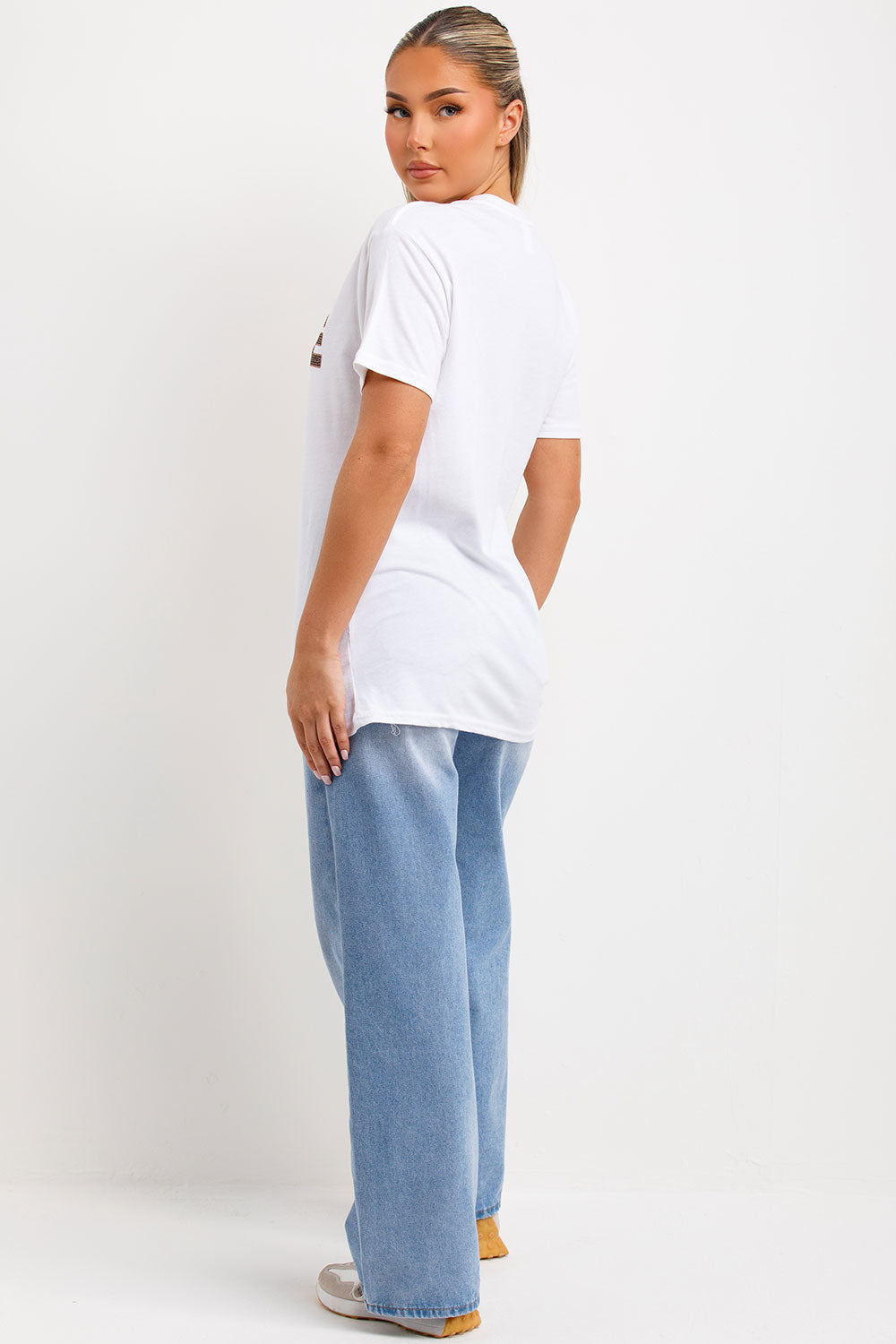 womens white oversized t shirt with babe paris slogan