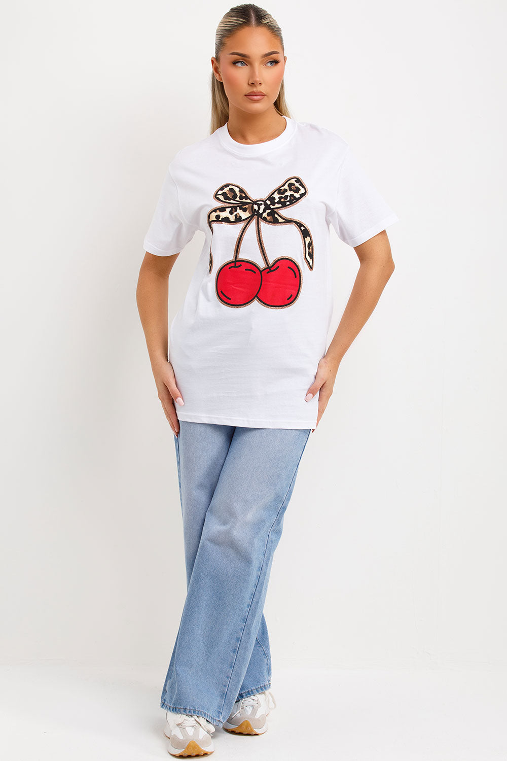 leopard print bow and cherry print t shirt womens