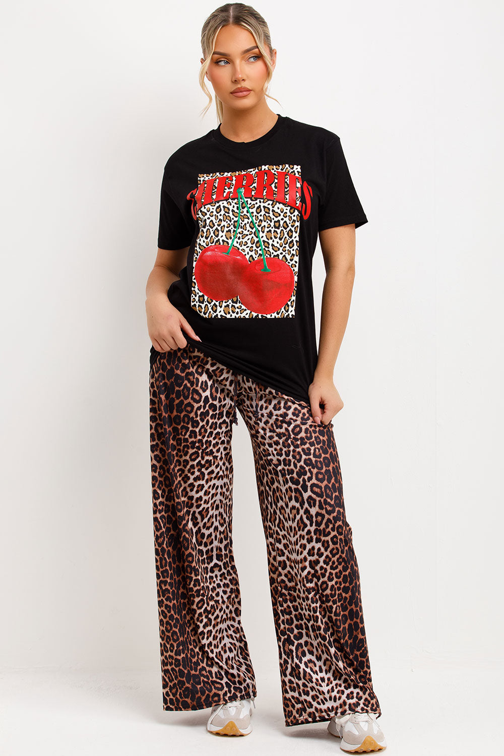 womens black t shirt with cherry print