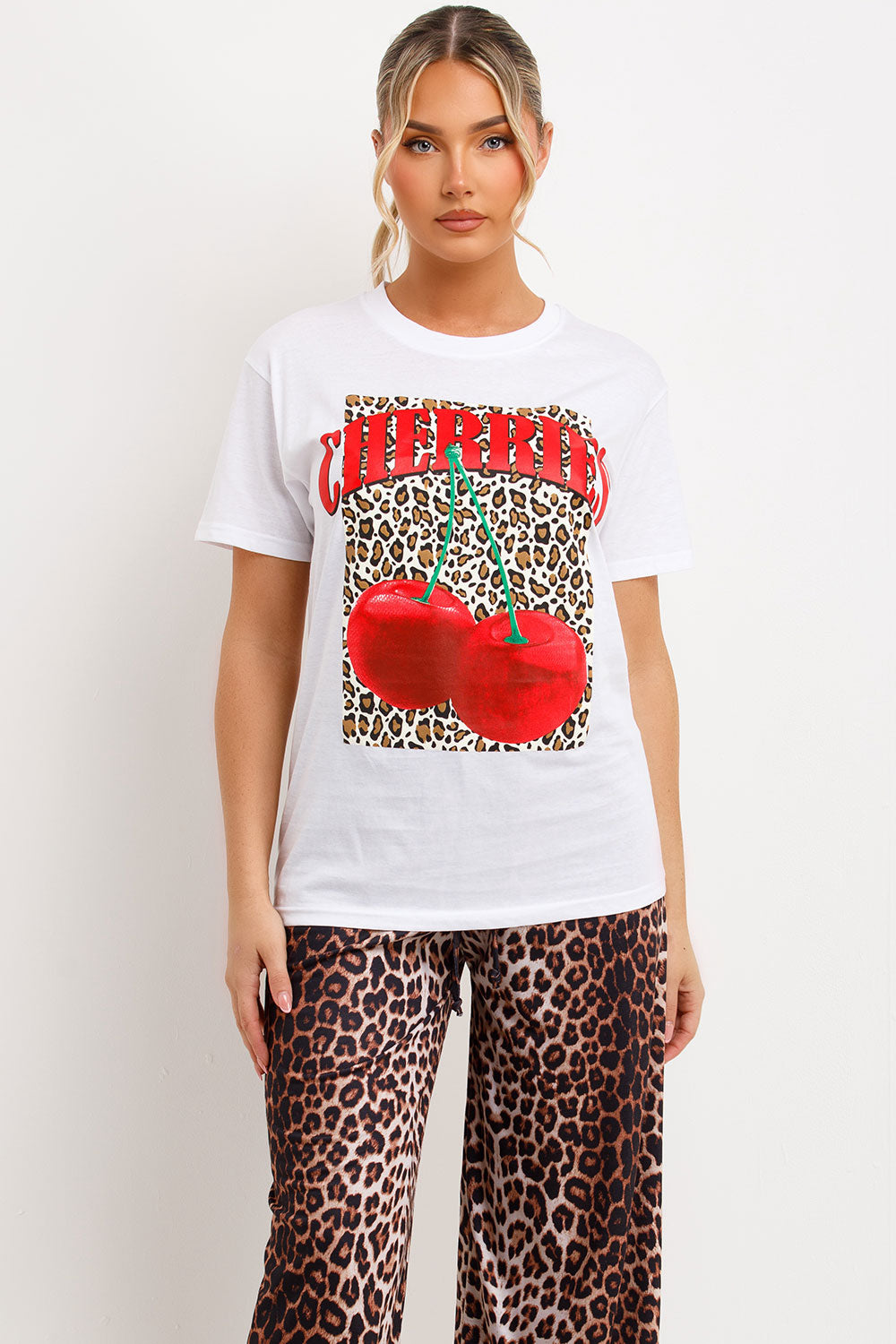 white t shirt with leopard cherry print womens