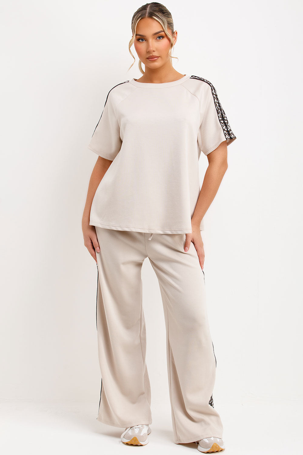 womens leopard print stripe wide leg trousers and top co ord set womens loungewear set