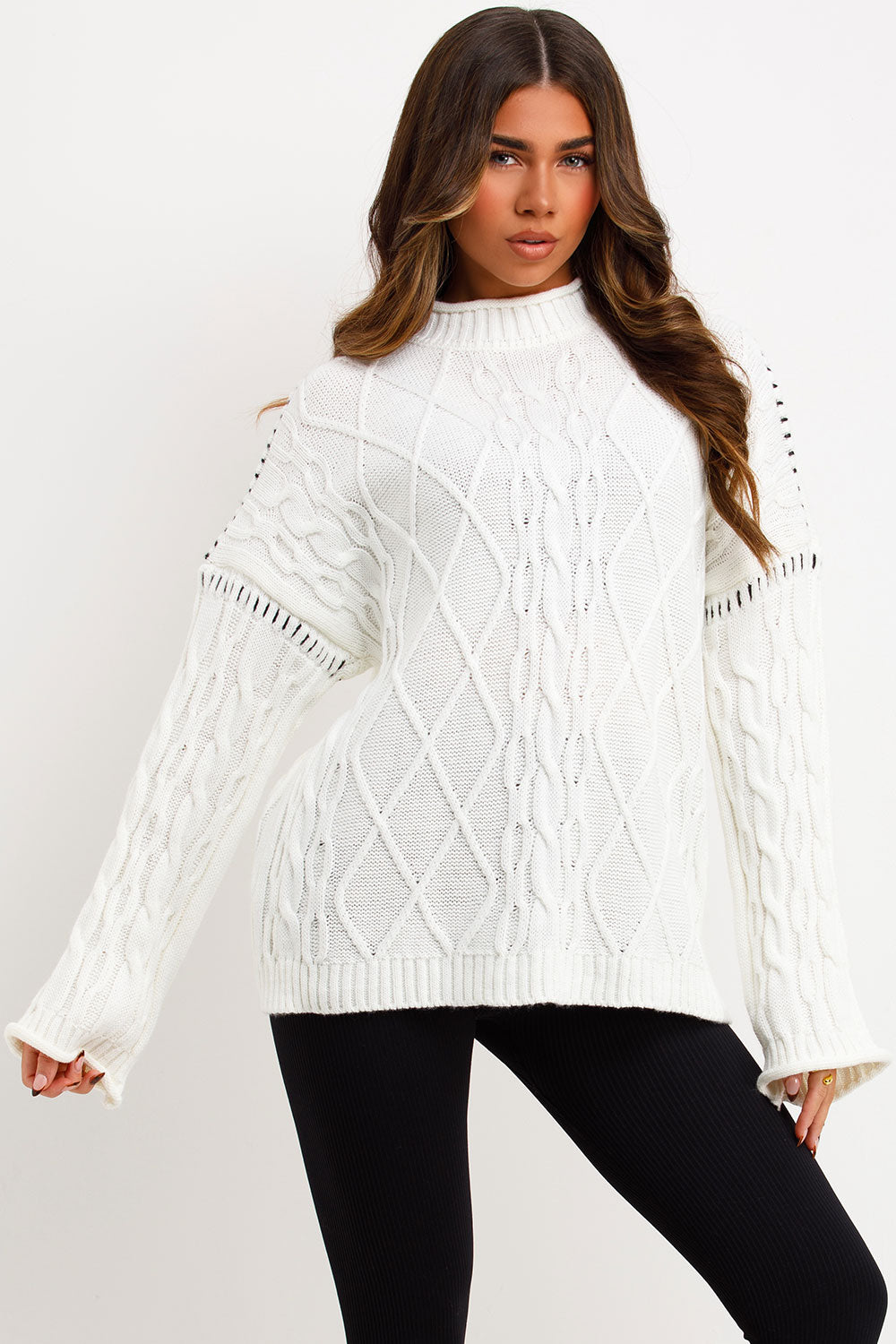 womens long sleeve knitted jumper with contrast stitches
