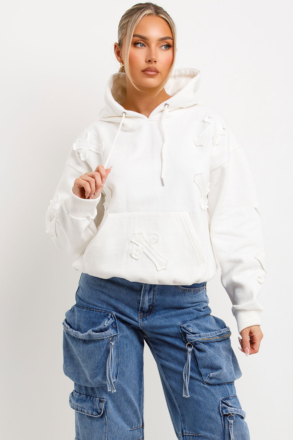 womens cross applique hoodie with kangaroo pockets