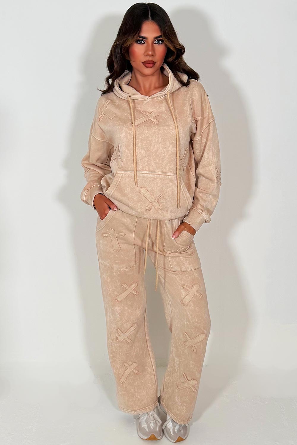 beige cross hoodie and joggers loungewear set womens acid wash tracksuit styled up