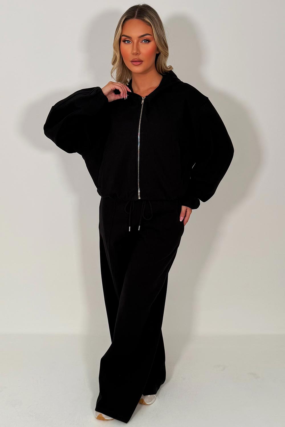 zara womens black soft bomber jacket and joggers tracksuit set airport outfit