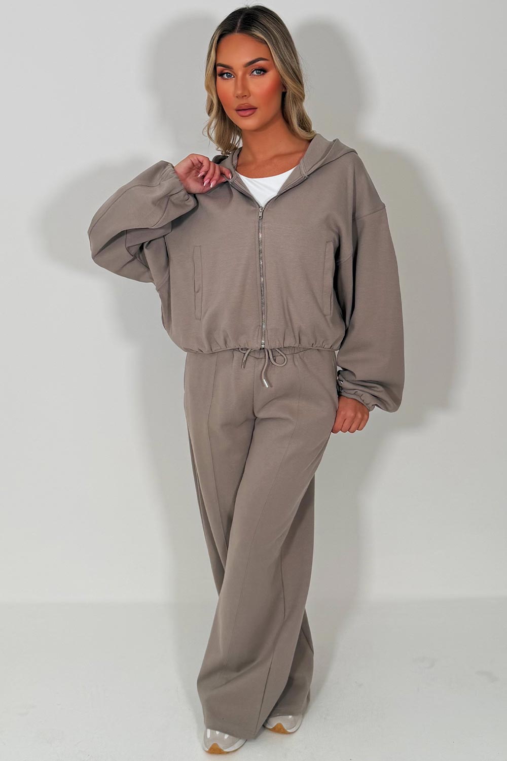 womens seam detail joggers and soft bomber jacket with elastic hem styled up fashion