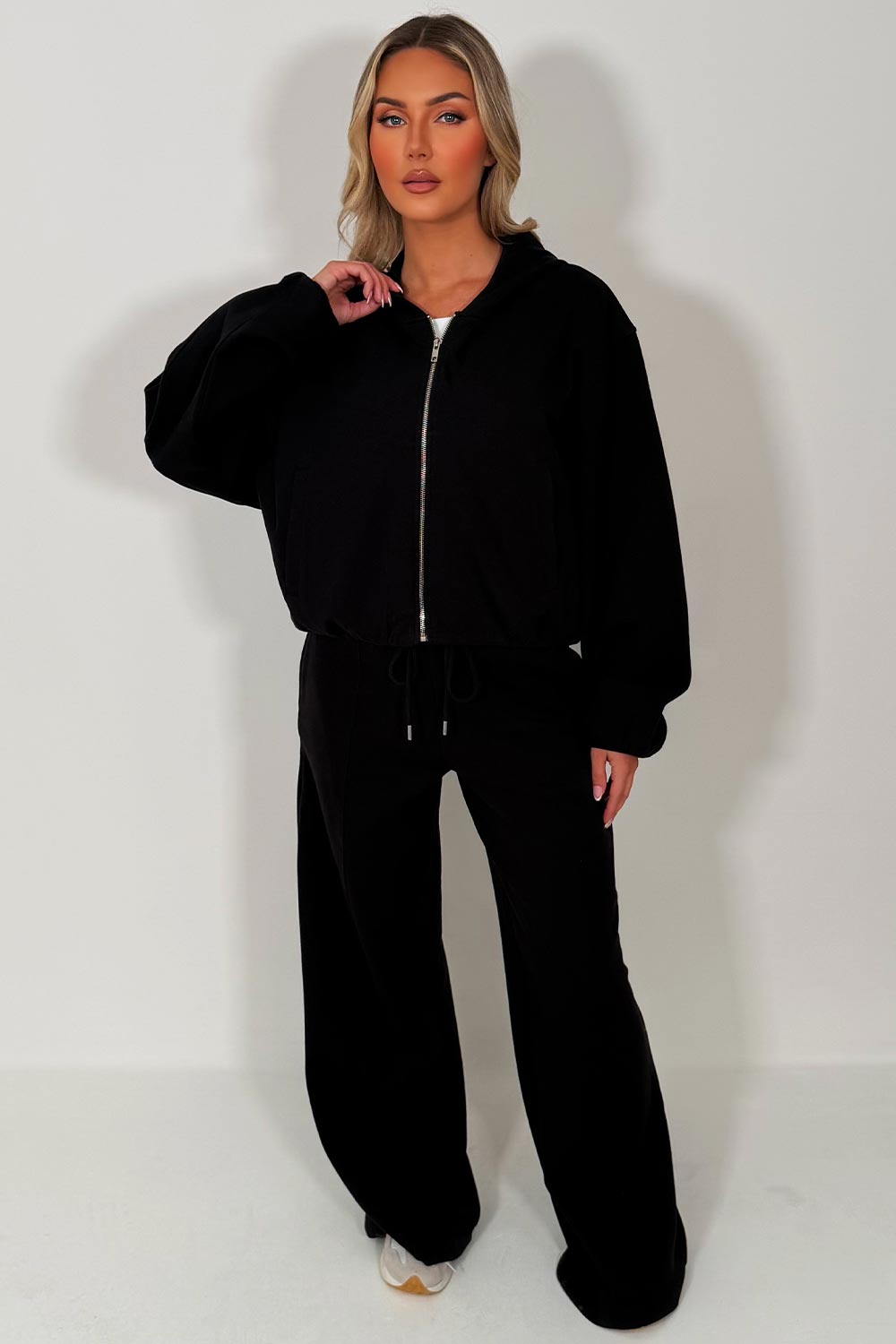 womens seam detail joggers and soft bomber jacket with elastic hem styled up fashion