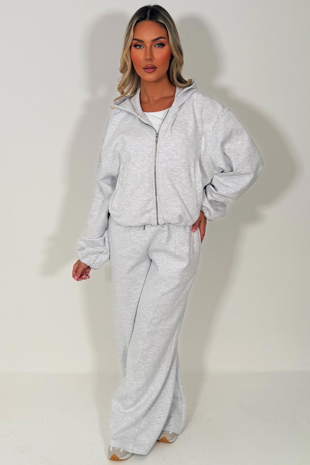 zara womens grey marl soft bomber jacket and joggers tracksuit set airport outfit