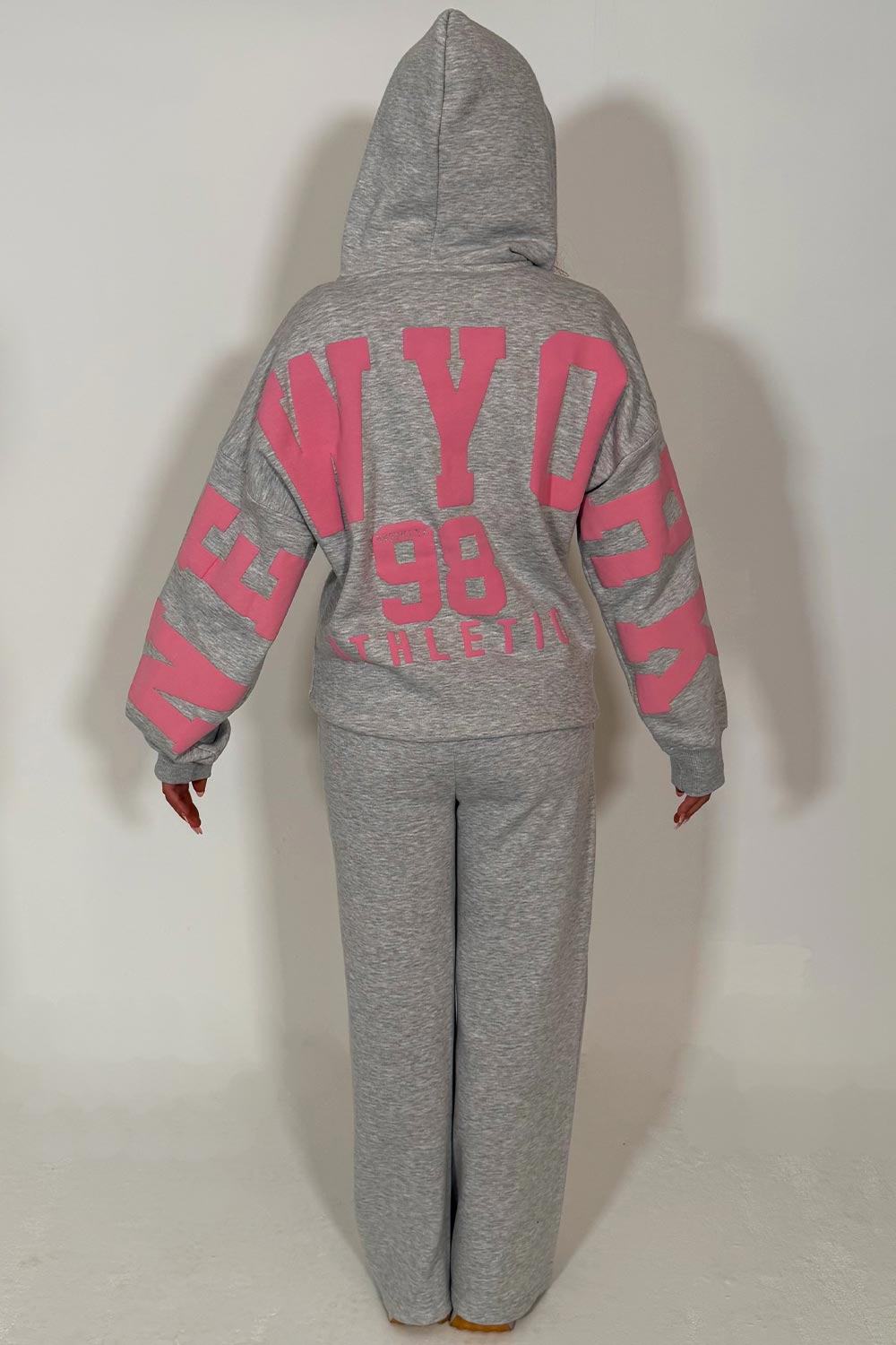 womens new york athletic print zip up hooded sweatshirt and wide leg jogger tracksuit lounge set styledup