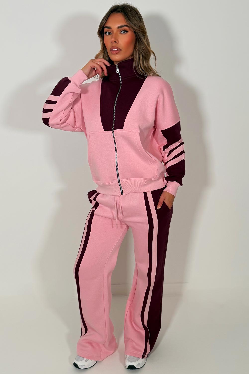 womens tracksuit stripe wide leg jogger & zip up sweatshirt top airport outfit with stripe detail casual outfit