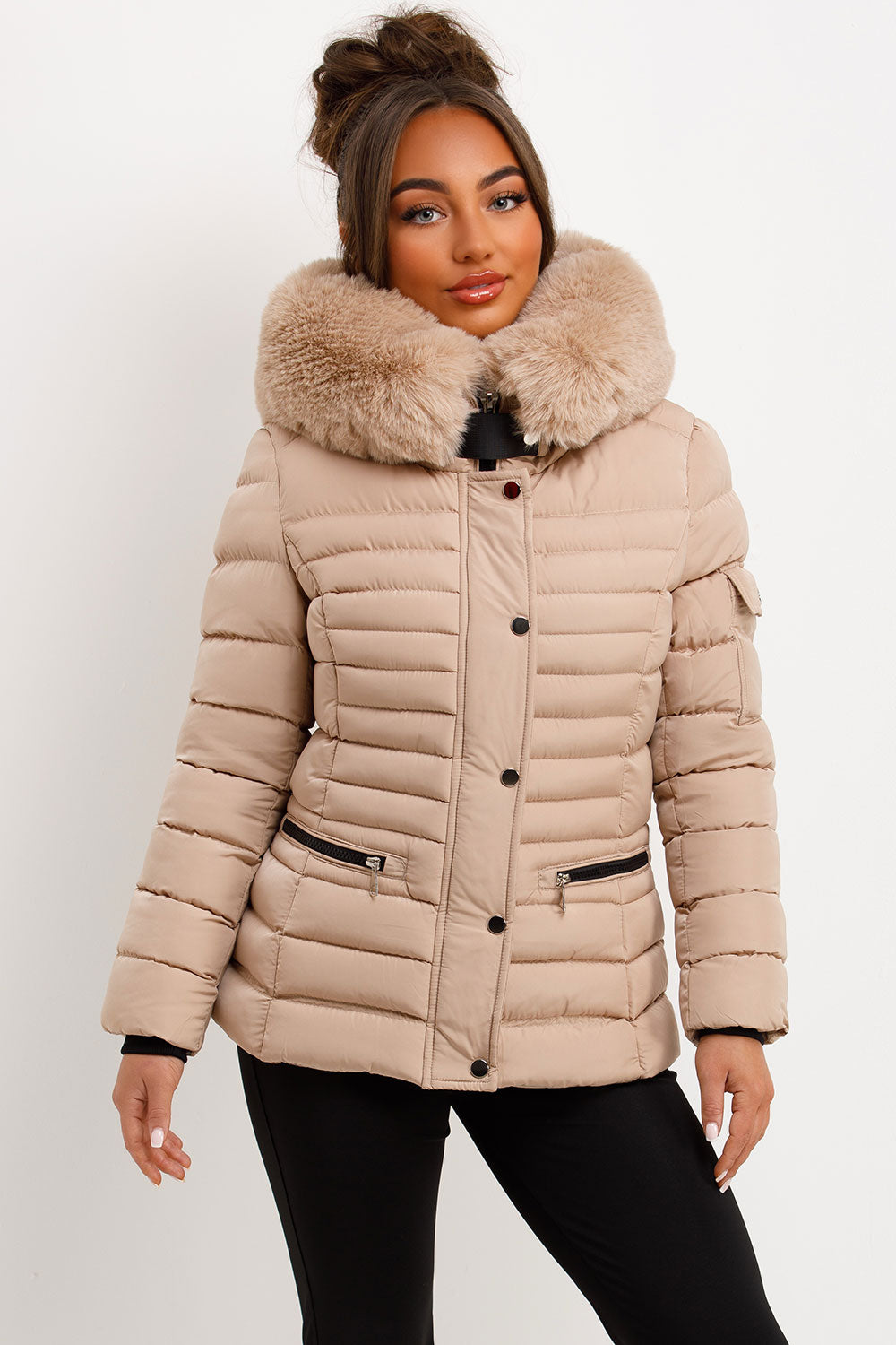faux fur hooded padded puffer jacket with side buckle detail