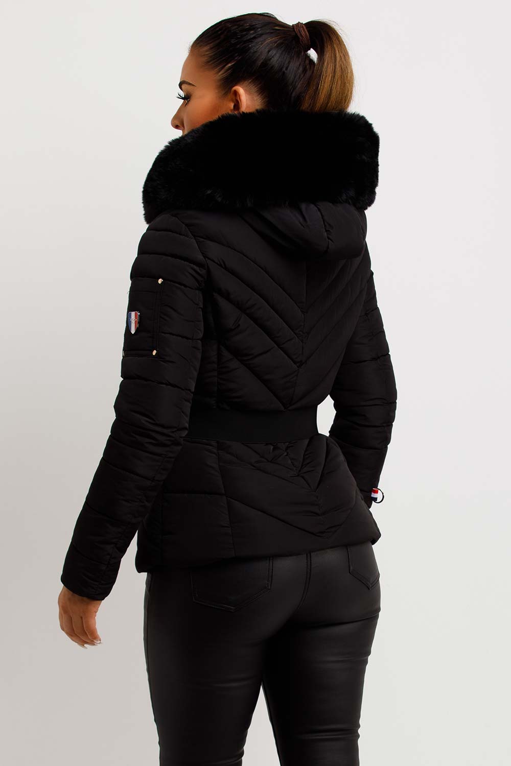 fur hood puffer jacket with belt