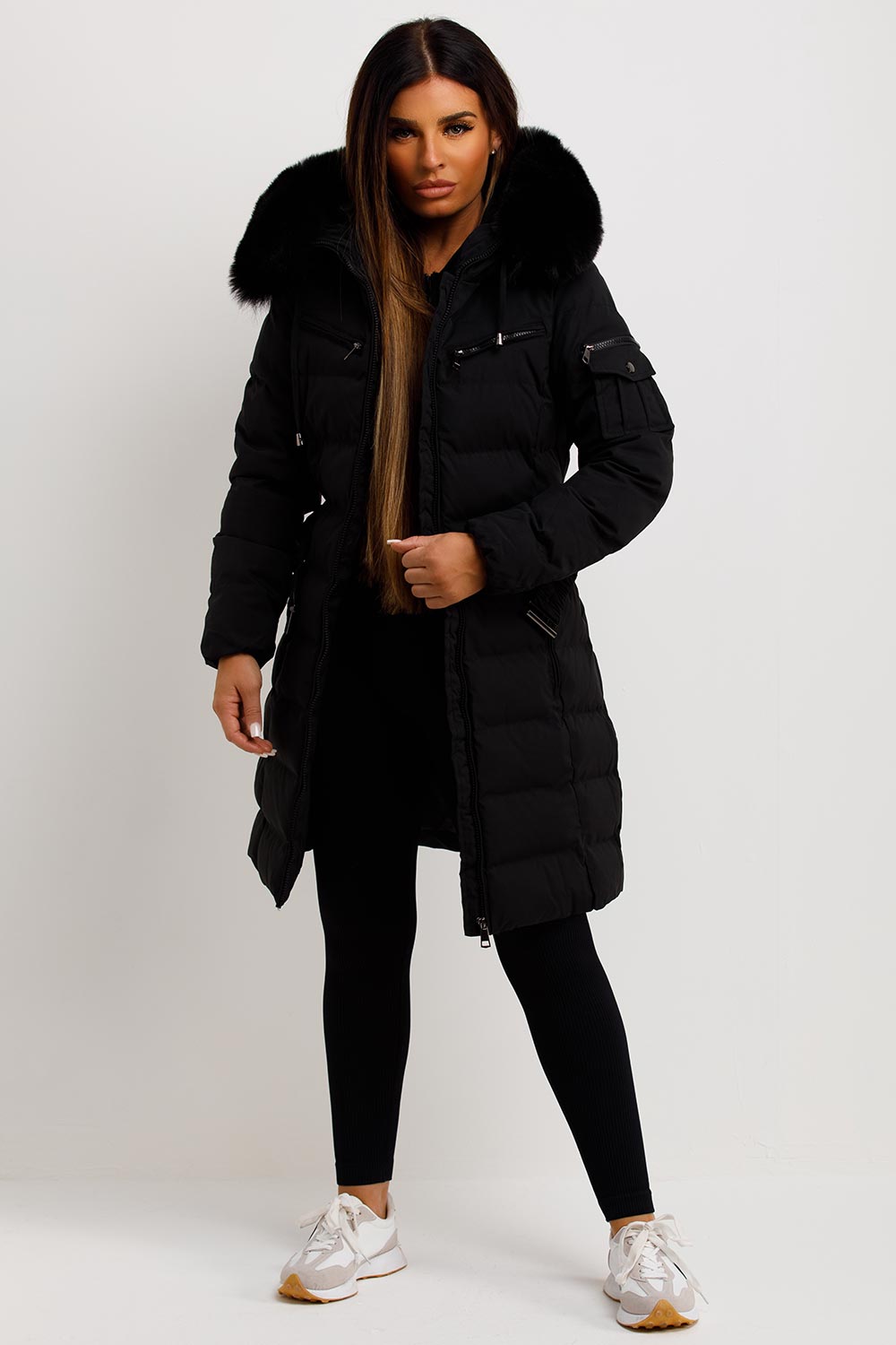 womens longline padded puffer coat with fur hood and belt