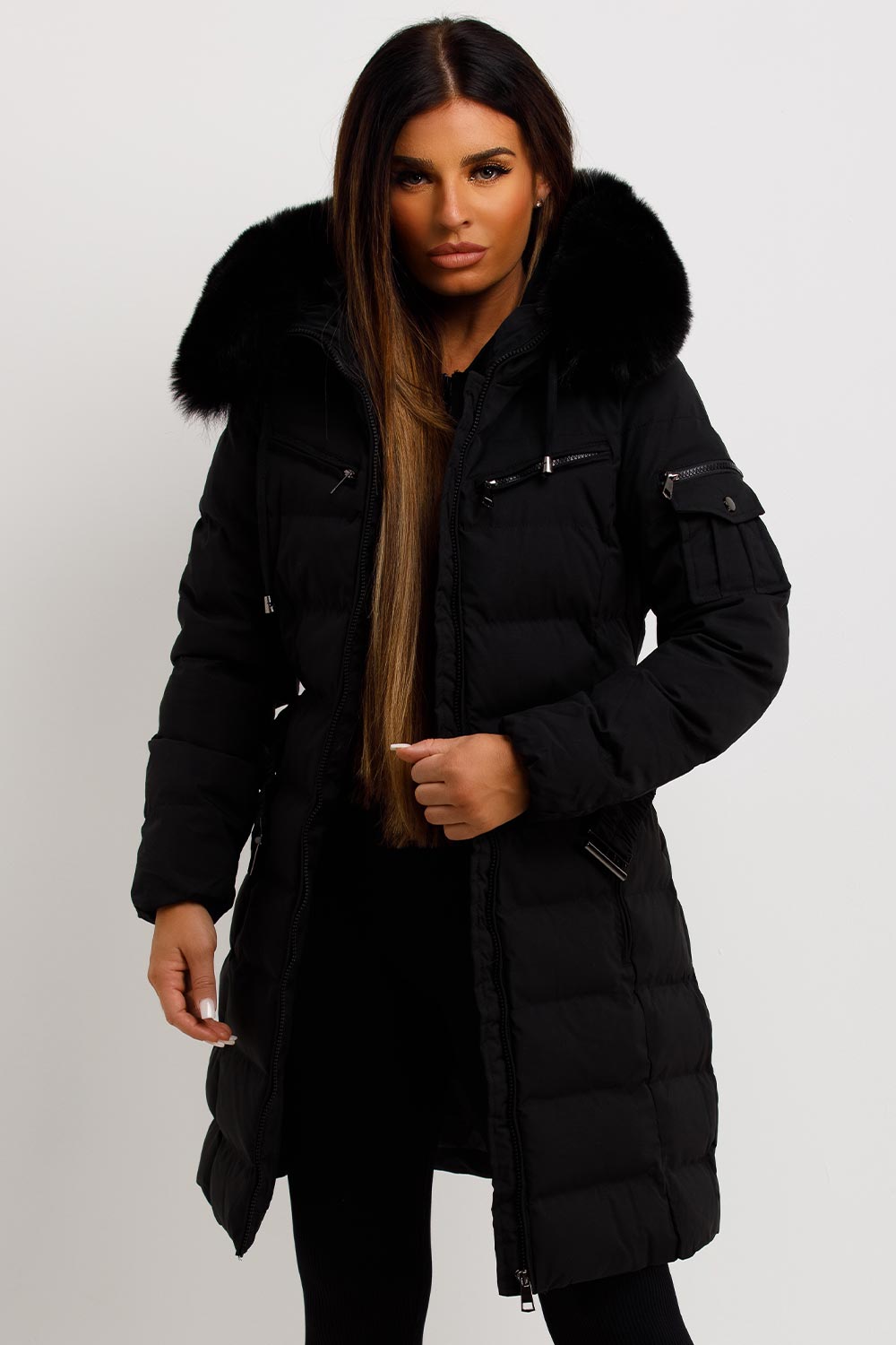 long black puffer jacket with fur hood and belt