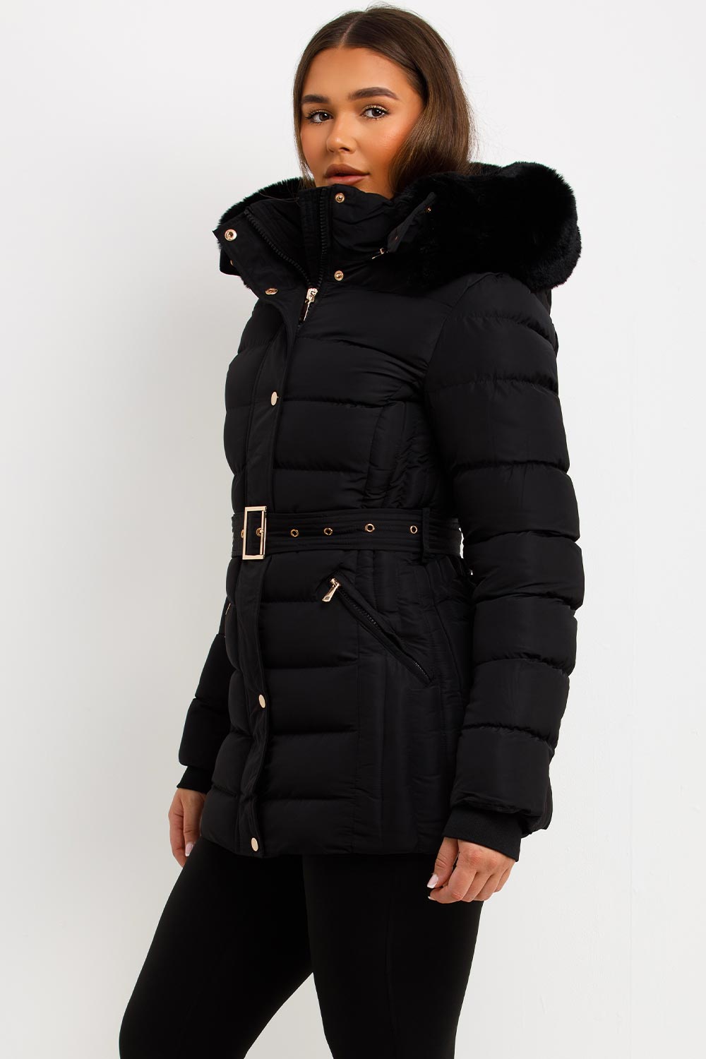 winter coat for womens with belt and fur hood styledup