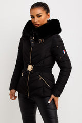 puffer down coat with faux fur hood black womens