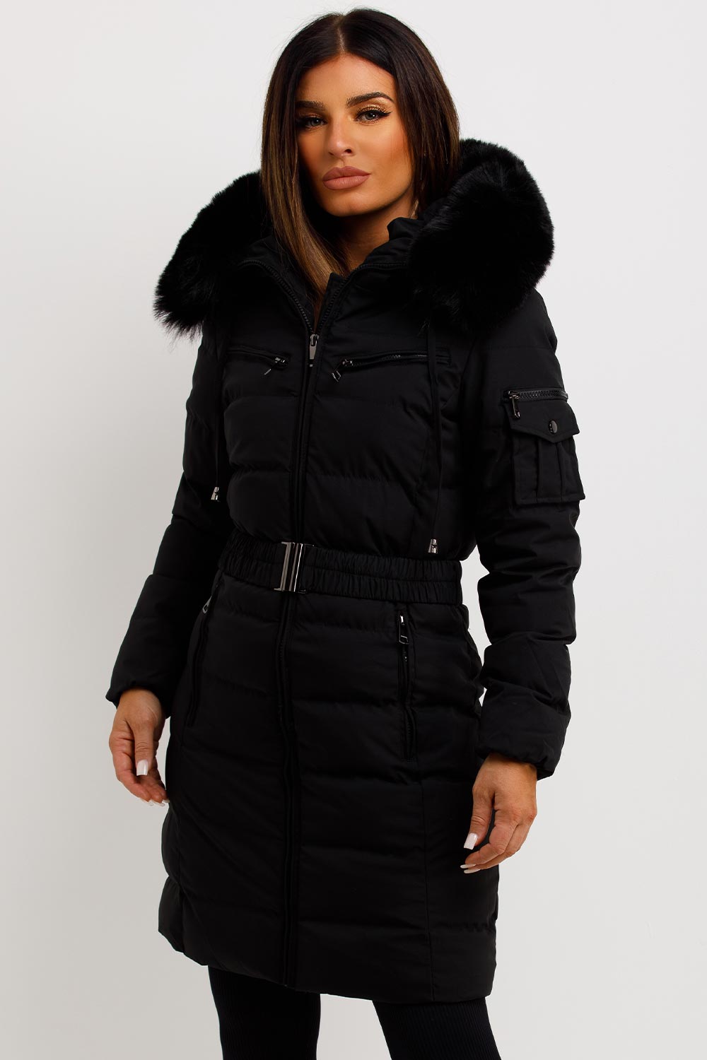 faux fur hood puffer padded long coat with belt womens