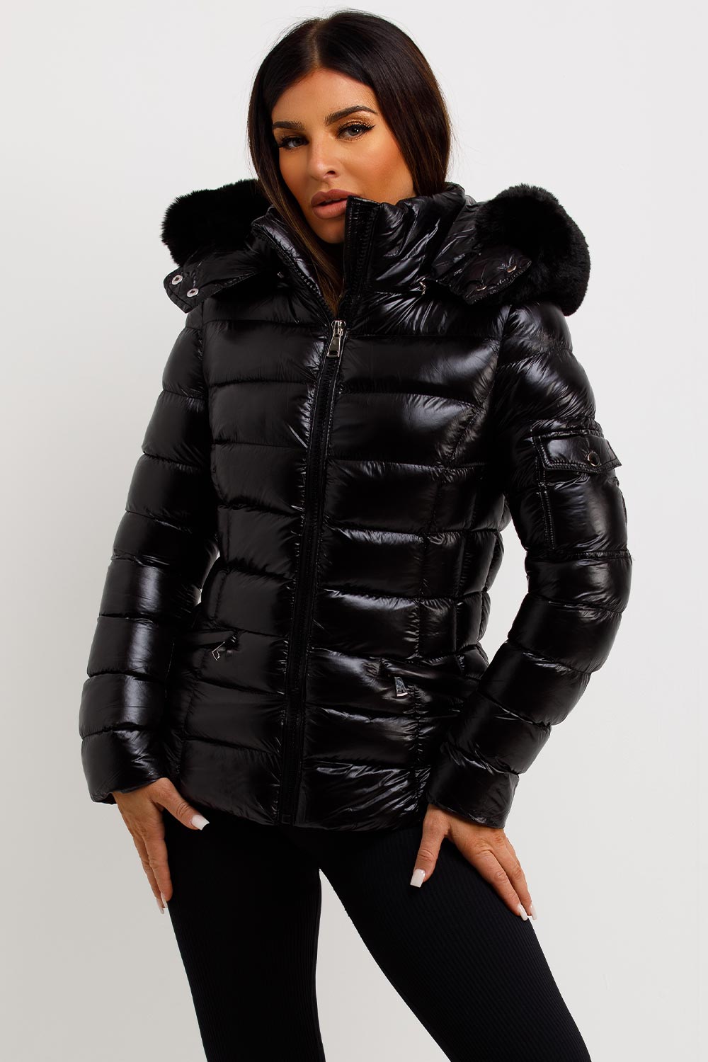 womens shiny padded puffer jacket with fur hood