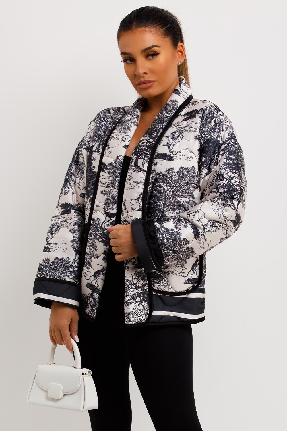satin quilted jungle fleur toile print blazer jacket