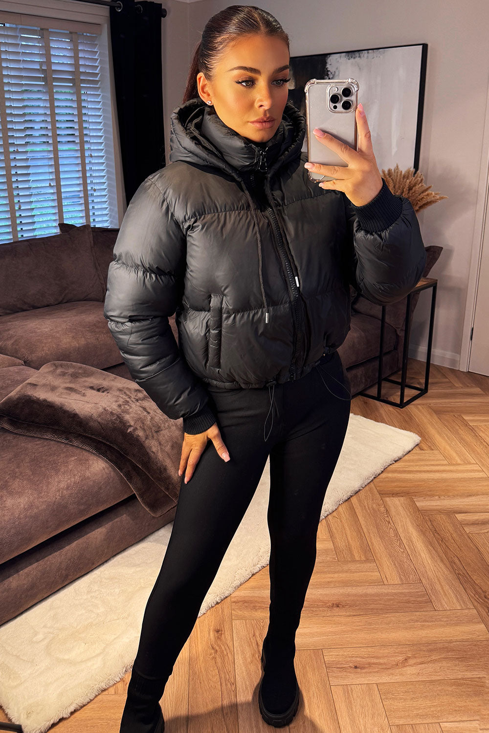 womens black padded puffer jacket with hood styledup