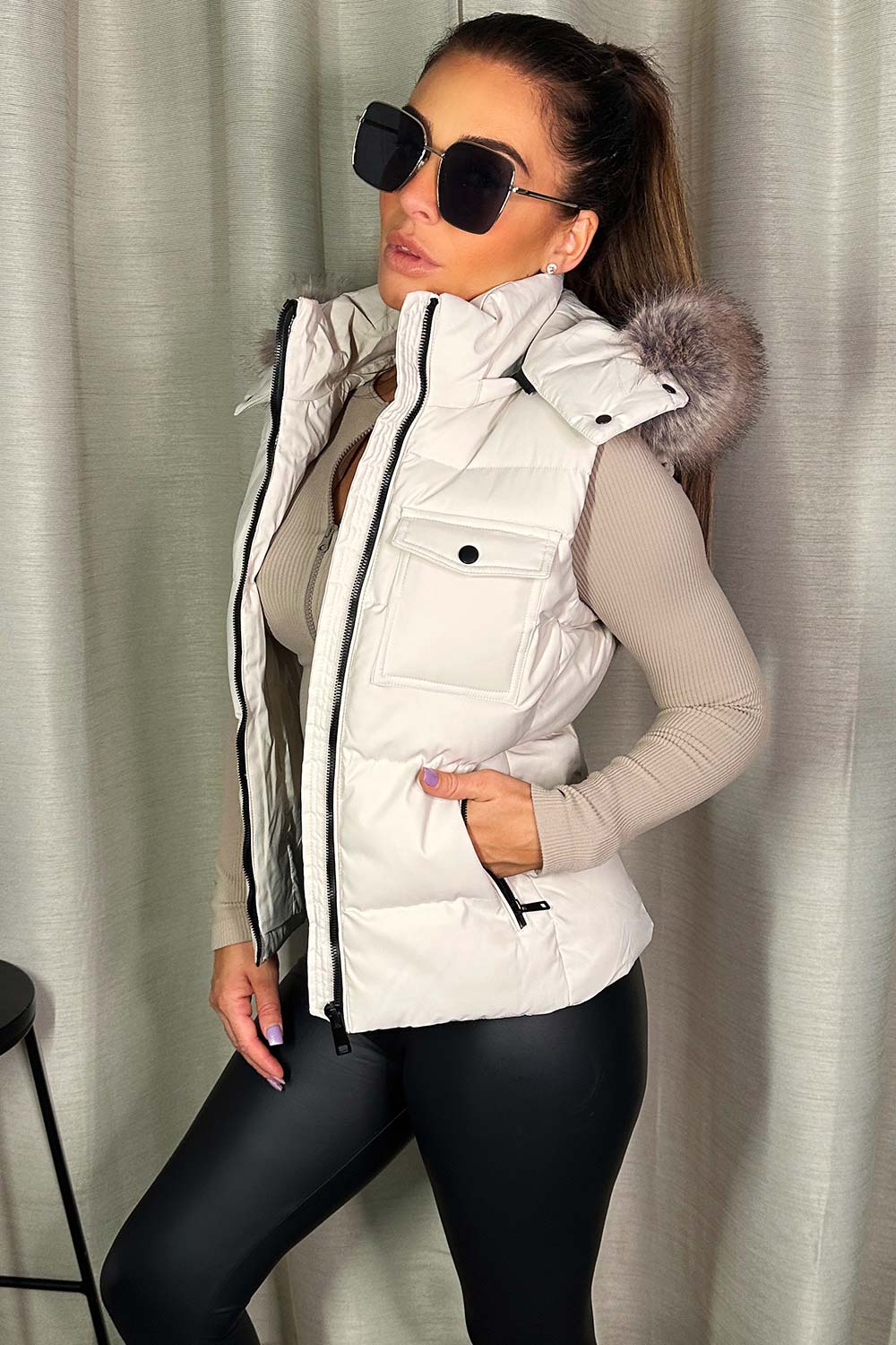 womens padded puffer gilet with fur hood