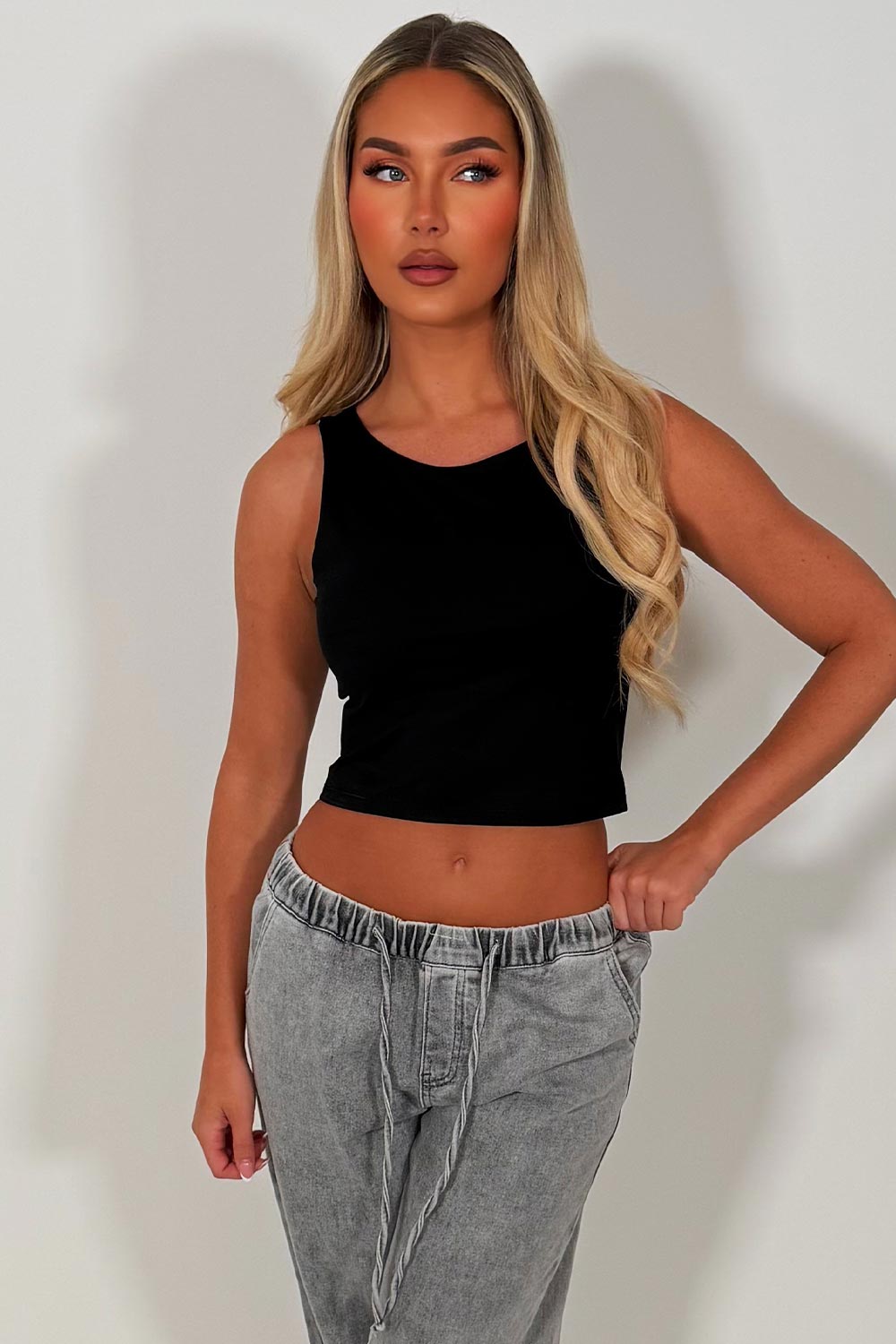 black crop top sleeveless double layered